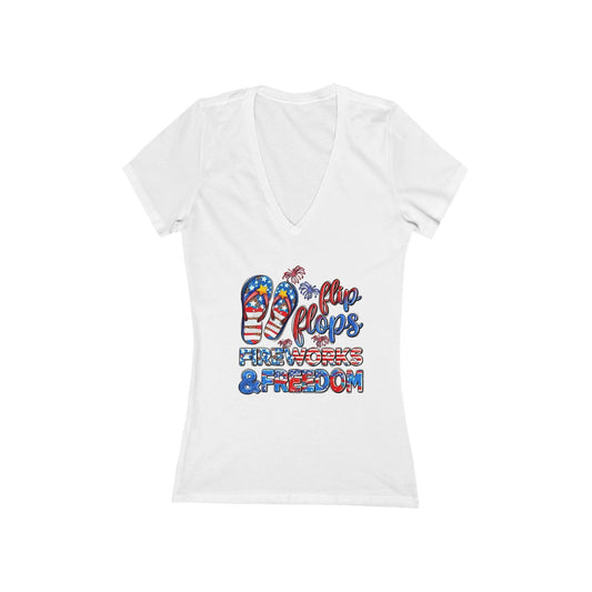 Women's Jersey Short Sleeve Deep V-Neck T-Shirt, Flip Flops, Fireworks - Perfect for the 4th of July