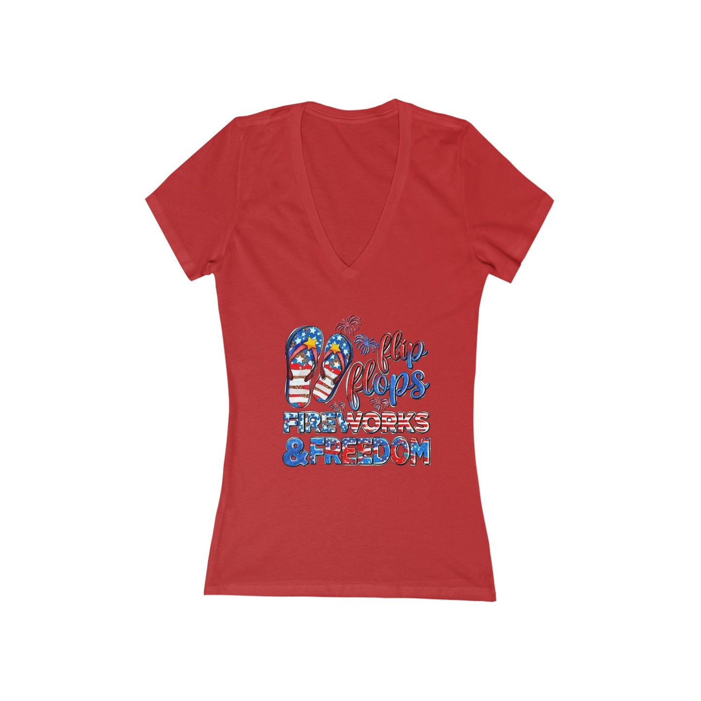 Women's Jersey Short Sleeve Deep V-Neck T-Shirt, Flip Flops, Fireworks - Perfect for the 4th of July