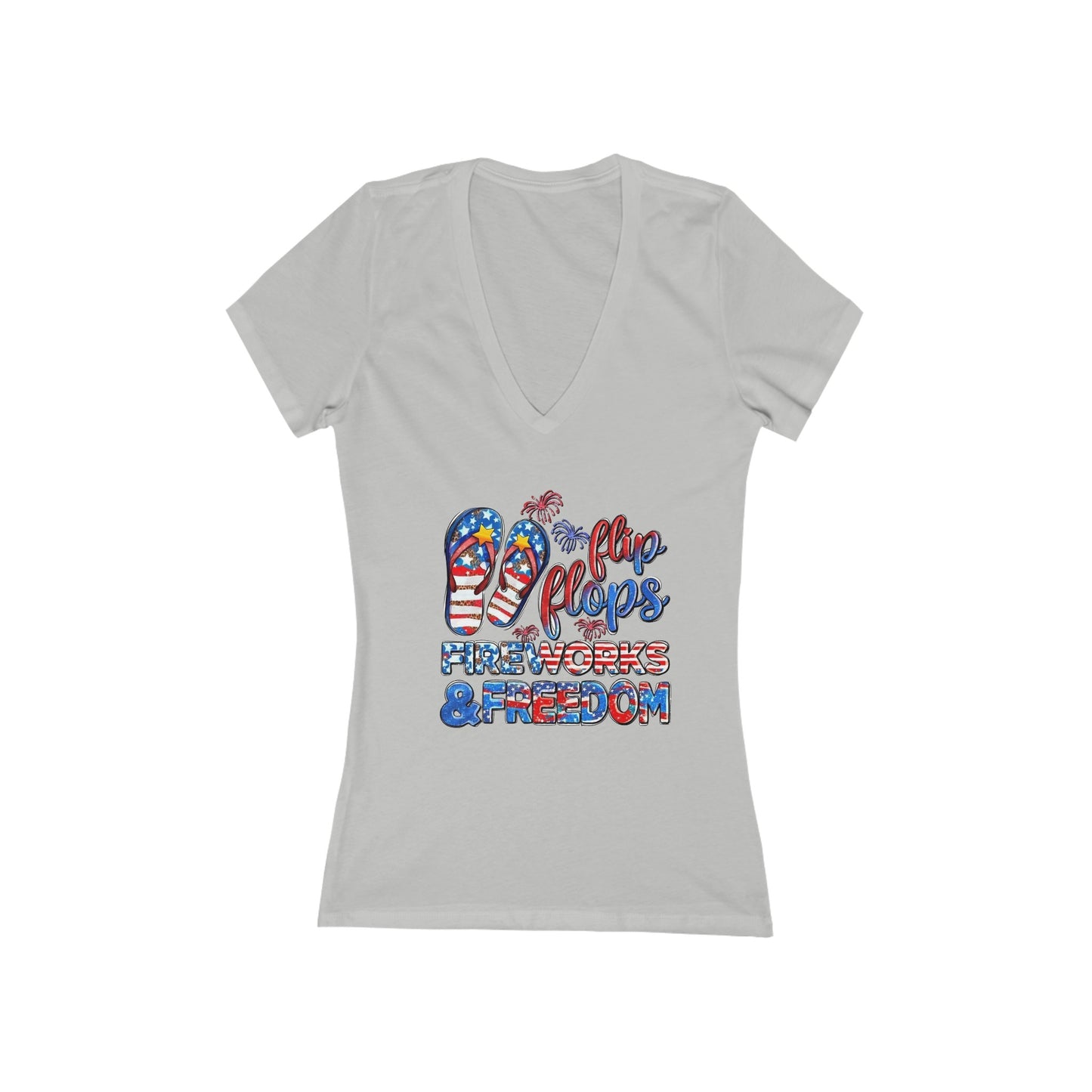 Women's Jersey Short Sleeve Deep V-Neck T-Shirt, Flip Flops, Fireworks - Perfect for the 4th of July