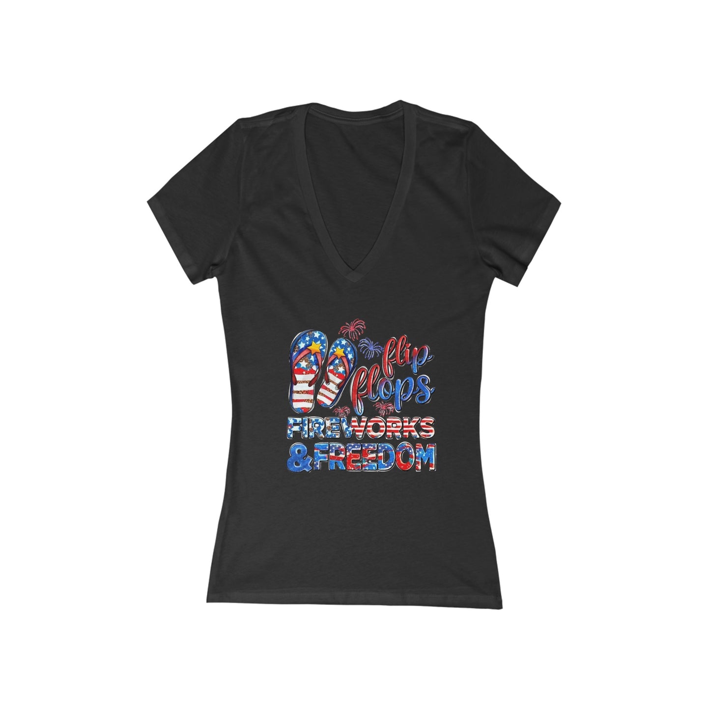 Women's Jersey Short Sleeve Deep V-Neck T-Shirt, Flip Flops, Fireworks - Perfect for the 4th of July