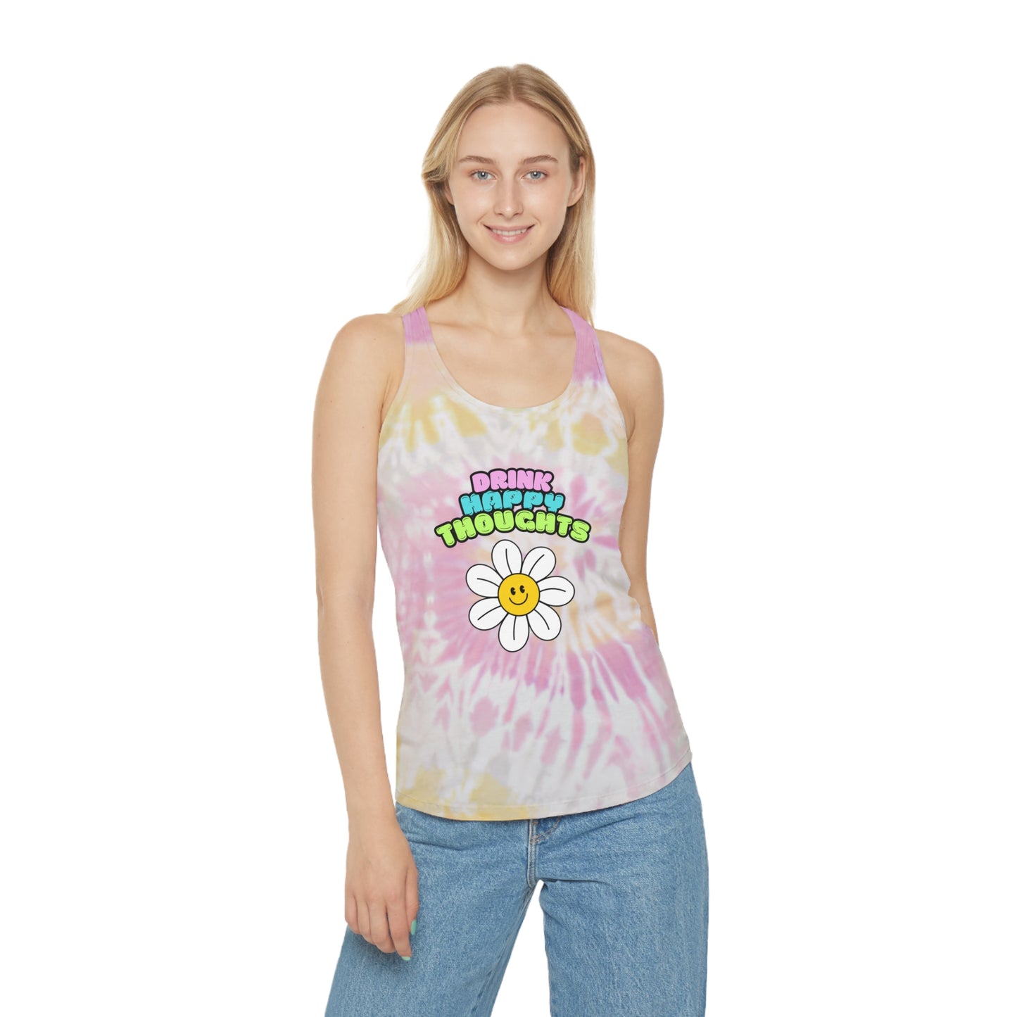 Tie Dye Racerback Tank Top - Womens Drink Happy Thoughts